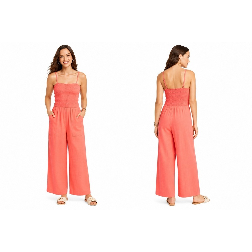 Women's Smocked Linen Maxi Jumpsuit Coral Pink S New With Tags Universal Thread